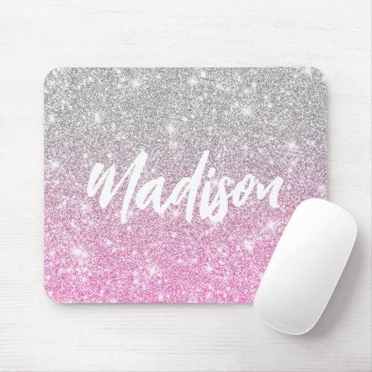 Roze Zilver Glitter Calligraphy Naam Muismat (Met muis)