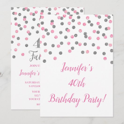 Roze zilver Glitter Confetti 40 en Fabulous Kaart (Voorkant / Achterkant)