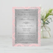 Roze, zilver Glitter Damask Vrijgezellenfeest Invi Kaart (Staand voorkant)