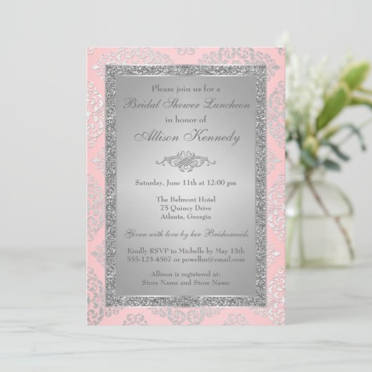 Roze, zilver Glitter Damask Vrijgezellenfeest Invi Kaart (Staand voorkant)