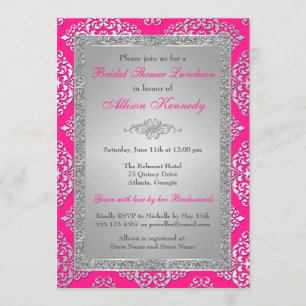 Roze, zilver Glitter Damask Vrijgezellenfeest Invi Kaart