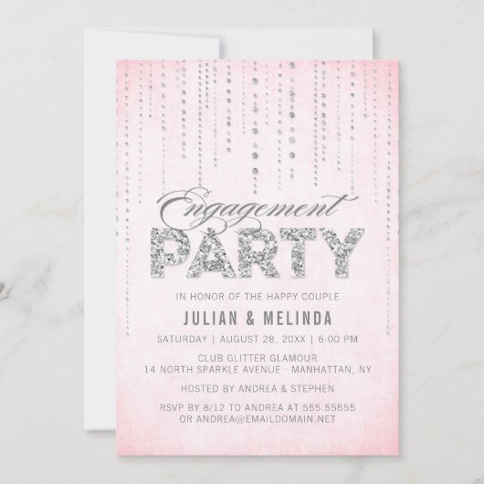 Roze & Zilver Glitter Engagement Party Kaart (Voorkant)