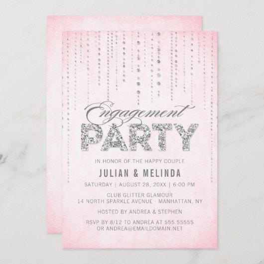 Roze & Zilver Glitter Engagement Party Kaart (Voorkant / Achterkant)