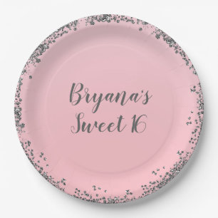 Roze Zilver Glitter Glam Rand Sweet 16 Feest Papieren Bordje