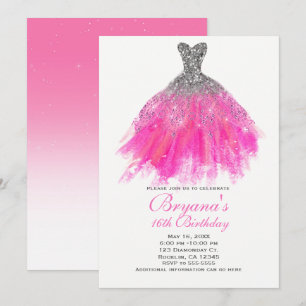 Roze & Zilver Glitter Glamour Jurk Zoete 16 Feestj Kaart