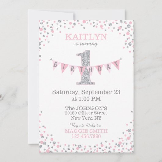 Roze zilver glitter Sparkle First Birthday Invite Kaart (Voorkant)