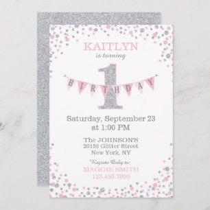 Roze zilver glitter Sparkle First Birthday Invite Kaart