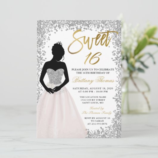 Roze zilver Glitter Sweet Sixteen 16 verjaardag Kaart (Staand voorkant)