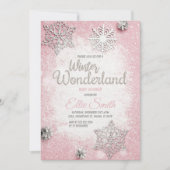 Roze Zilver Glitter Winter Baby Shower Uitnodiging (Voorkant)