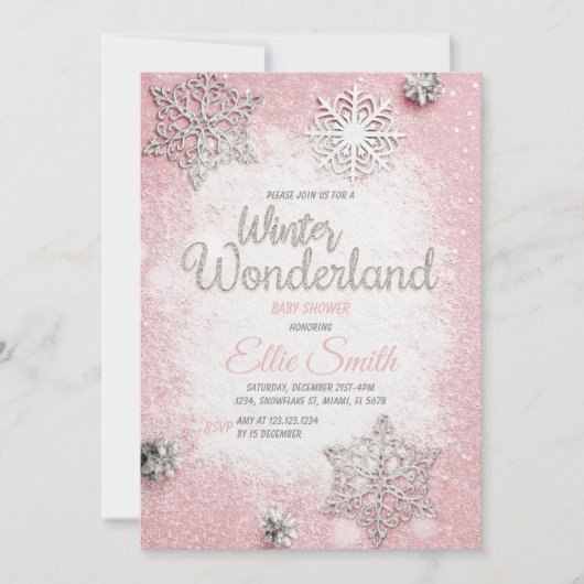 Roze Zilver Glitter Winter Baby Shower Uitnodiging (Voorkant)