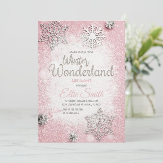 Roze Zilver Glitter Winter Baby Shower Uitnodiging (Staand voorkant)