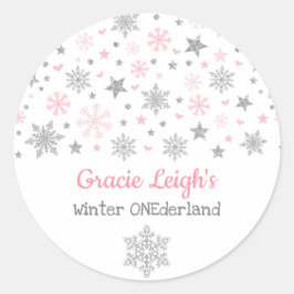 Roze Zilver Glitter Winter Sneeuwvlok ONEderland Ronde Sticker