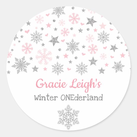 Roze Zilver Glitter Winter Sneeuwvlok ONEderland Ronde Sticker (Voorkant)