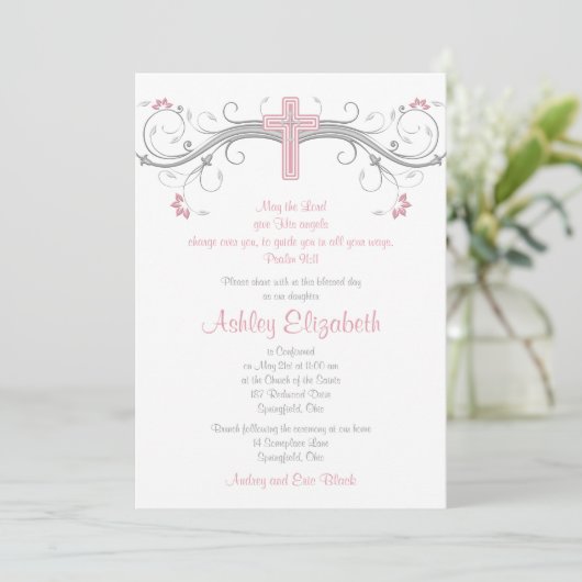 Roze zilver Gray Cross Confirmation Kaart (Staand voorkant)