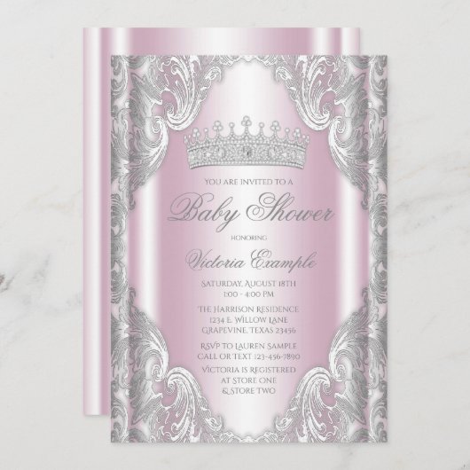Roze Zilver Grijs Fancy Princess Baby shower Kaart (Voorkant / Achterkant)