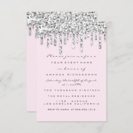 Roze zilver grijs glitter-effect druppels bridal kaart (Voorkant / Achterkant)