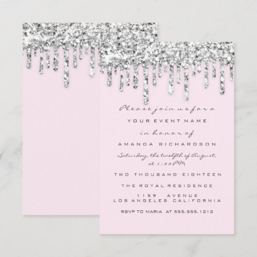 Roze Zilver Grijs Glitter Effect Druppels Bruidsta Kaart (Voorkant / Achterkant)