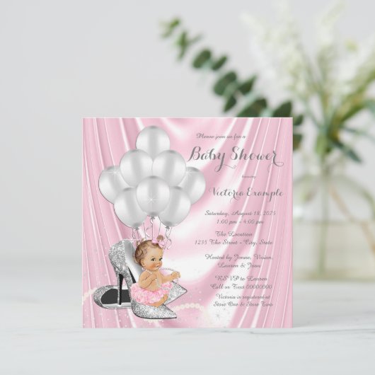 Roze Zilver Grijs Parel Hoge Hak Baby shower Kaart (Staand voorkant)