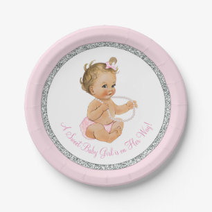 Roze Zilver Grijs Parel Meisje Baby Shower Papieren Bordje