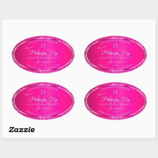 Roze Zilver met Glitter Initialen Productlabels Ovale Sticker (Vel)