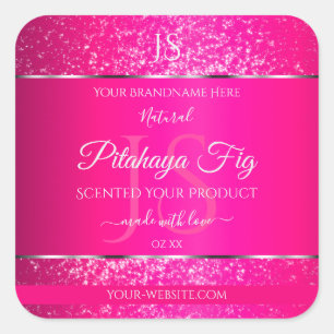 Roze Zilver met Glitter Initialen Productlabels Vierkante Sticker