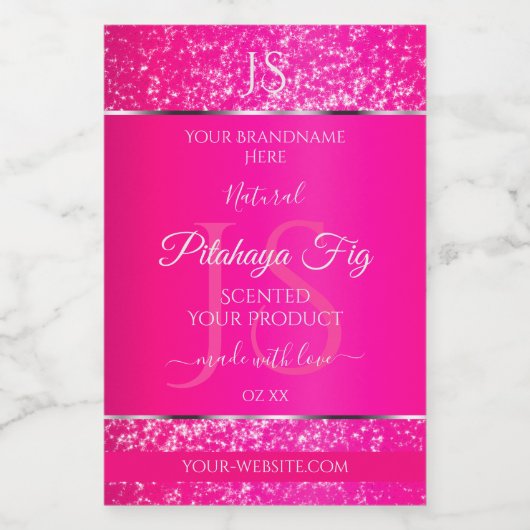 Roze Zilver met Glitter Initialen Productlabels Voedselcontainer Etiket (Enkel label)