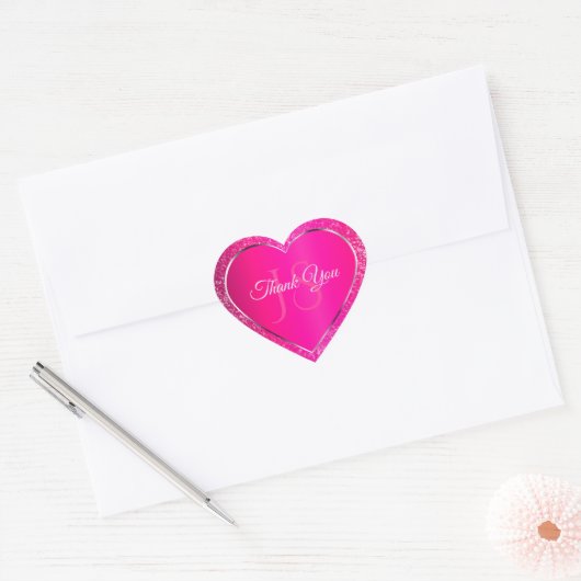 Roze Zilver met Glitter Initialen Schattige Dank U Hart Sticker (Envelop)