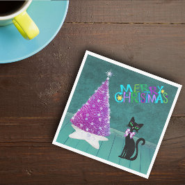 Roze Zilver Midden Eeuwse Kerstboom Kat Teal Servet