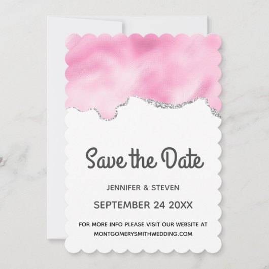Roze & Zilver Nep Glitter Rand Stijlvolle Trouw Save The Date (Voorkant)