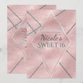 Roze & Zilver Satijn Glitter Glam Sweet 16 Feest Kaart
