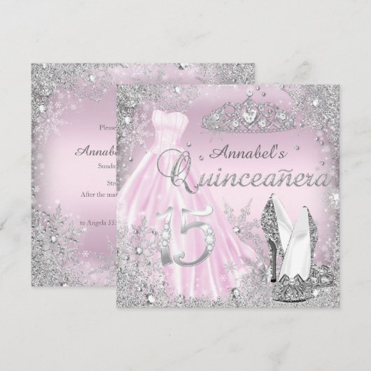 Roze zilver Sparkle Dress & Tiara Quinceanera Kaart (Voorkant / Achterkant)
