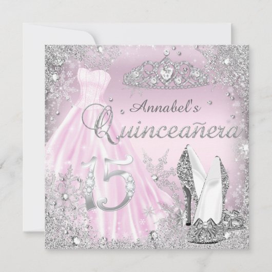 Roze zilver Sparkle Dress & Tiara Quinceanera Kaart (Voorkant)