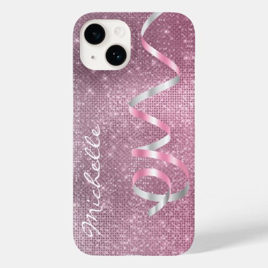Roze zilver Sparkle Ribbon Glam Case-Mate iPhone Case (Achterkant)