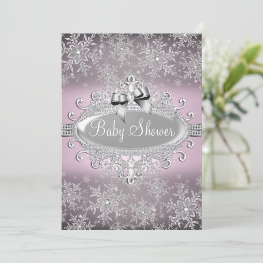 Roze zilver Sparkle Snowflake Baby shower nodigt u Kaart (Staand voorkant)