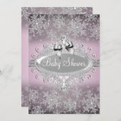 Roze zilver Sparkle Snowflake Baby shower nodigt u Kaart (Voorkant / Achterkant)