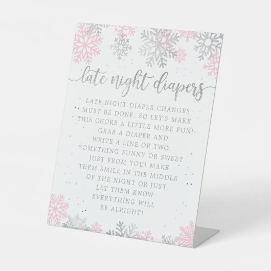 Roze Zilver Winter Late Night Luiers Baby shower Reclamebord Met Voetstuk (Voorkant)