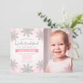 Roze Zilver Winter ONEderland 1e Verjaardag Foto Kaart (Staand voorkant)