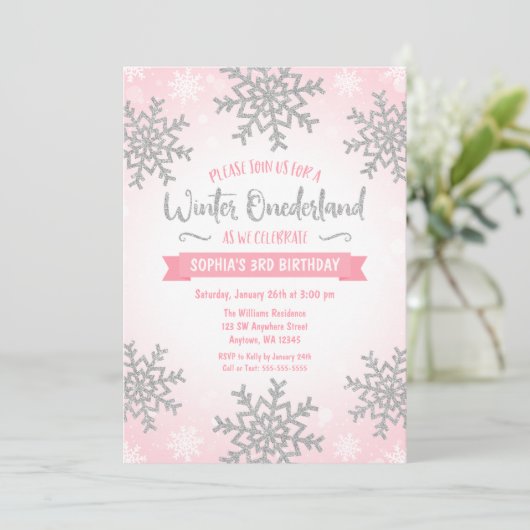 Roze Zilver Winter ONEderland 1e Verjaardag Uitnod Kaart (Staand voorkant)