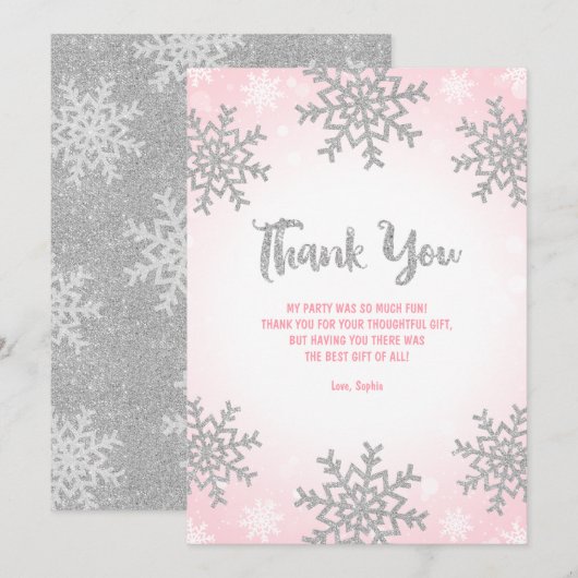 Roze Zilver Winter ONEderland Verjaardag Bedankkaart (Voorkant / Achterkant)