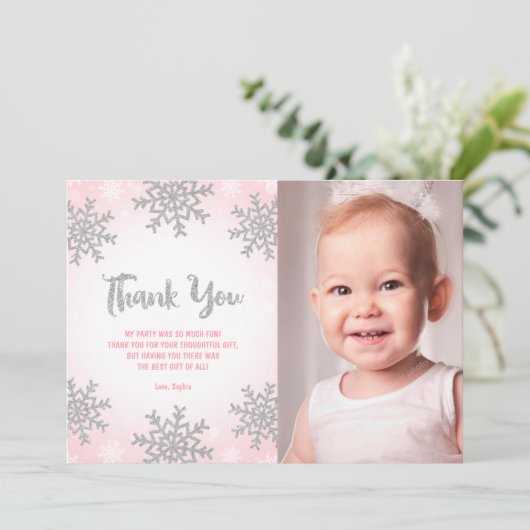 Roze Zilver Winter ONEderland Verjaardag Foto Bedankkaart (Staand voorkant)