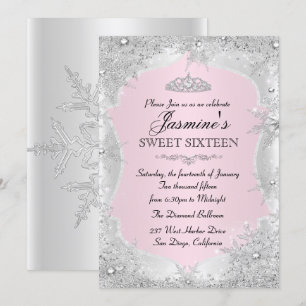 Roze Zilver Winter Sneeuwvlok Sweet 16 Uitnodiging
