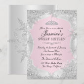 Roze zilver Winter Snowflake Sweet 16 Uitnodiging (Voorkant / Achterkant)