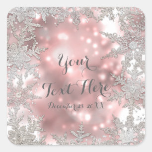 Roze Zilver Winter Wonderland Sneeuwvlok Favor Vierkante Sticker