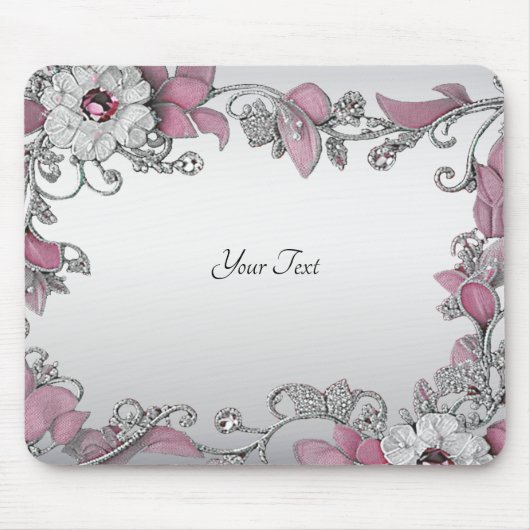 Roze Zilver Wit Bloemen Mousepad Muismat (Voorkant)