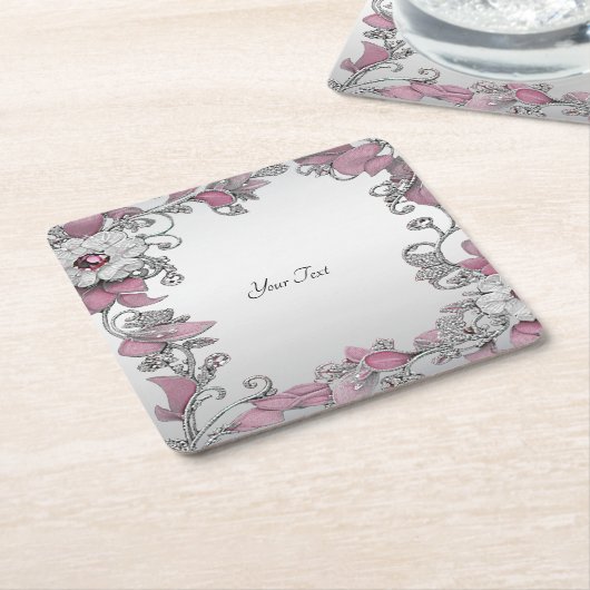 Roze Zilver Wit Bloemen Papier Onderzetter (Schuin)