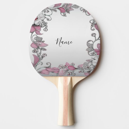 Roze Zilver Wit Bloemen Ping Pong Paddle Tafeltennisbatje (Voorkant)