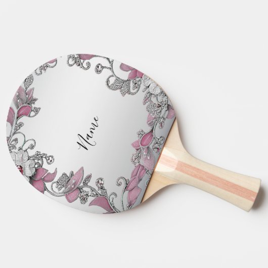 Roze Zilver Wit Bloemen Ping Pong Paddle Tafeltennisbatje (Zijkant)