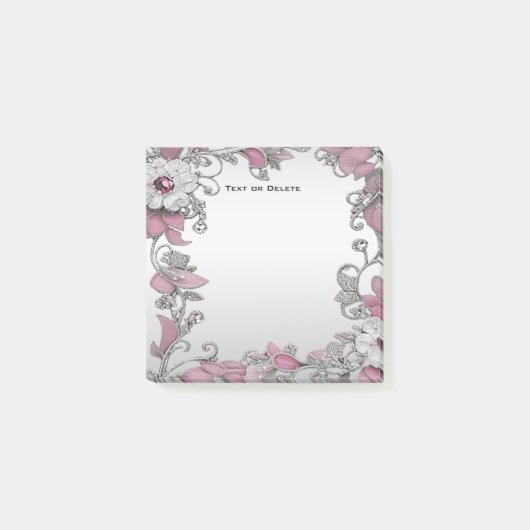Roze Zilver Wit Bloemen Post it Notes (Voorkant)