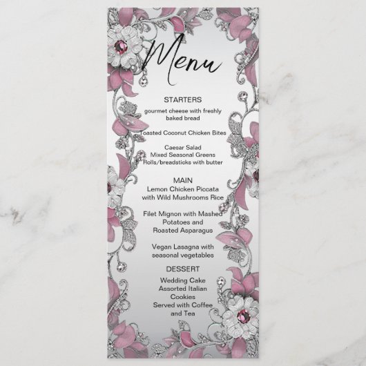 Roze Zilver Wit Bloemen Trouwmenu Menu (Voorkant)