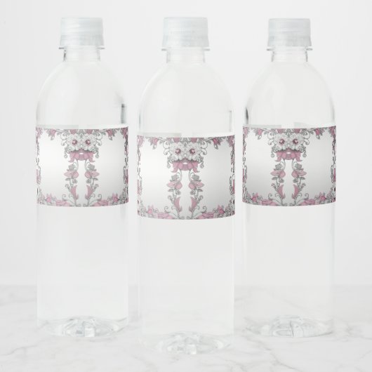 Roze Zilver Wit Bloemen Water Fles Label Waterfles Etiket (Flessen)
